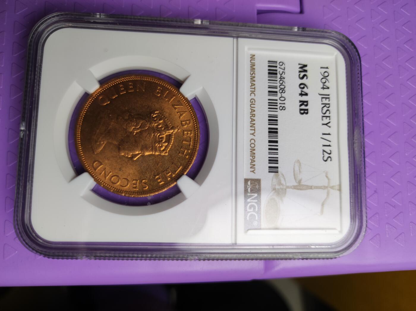英属泽西1964年1/12先令铜币 NGC MS64RB  