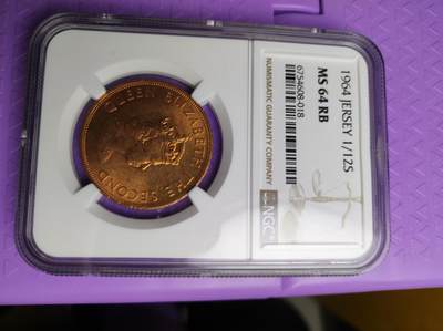 英属泽西1964年1/12先令铜币 NGC MS64RB   - 英属泽西1964年1/12先令铜币 NGC MS64RB  