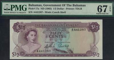 巴哈马1965年1/2元(0.5)元 P-17a A冠 早期彩背 实物图 UNC - 巴哈马1965年1/2元(0.5)元 P-17a A冠 早期彩背 实物图 UNC