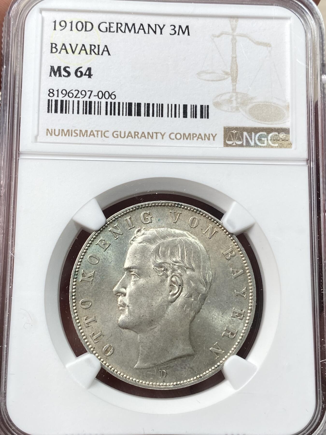 万国钱币拍卖第045期（万国春季大拍） NGC MS64 1910年德国巴伐利亚奥拓长翅流通3马克 原味转光