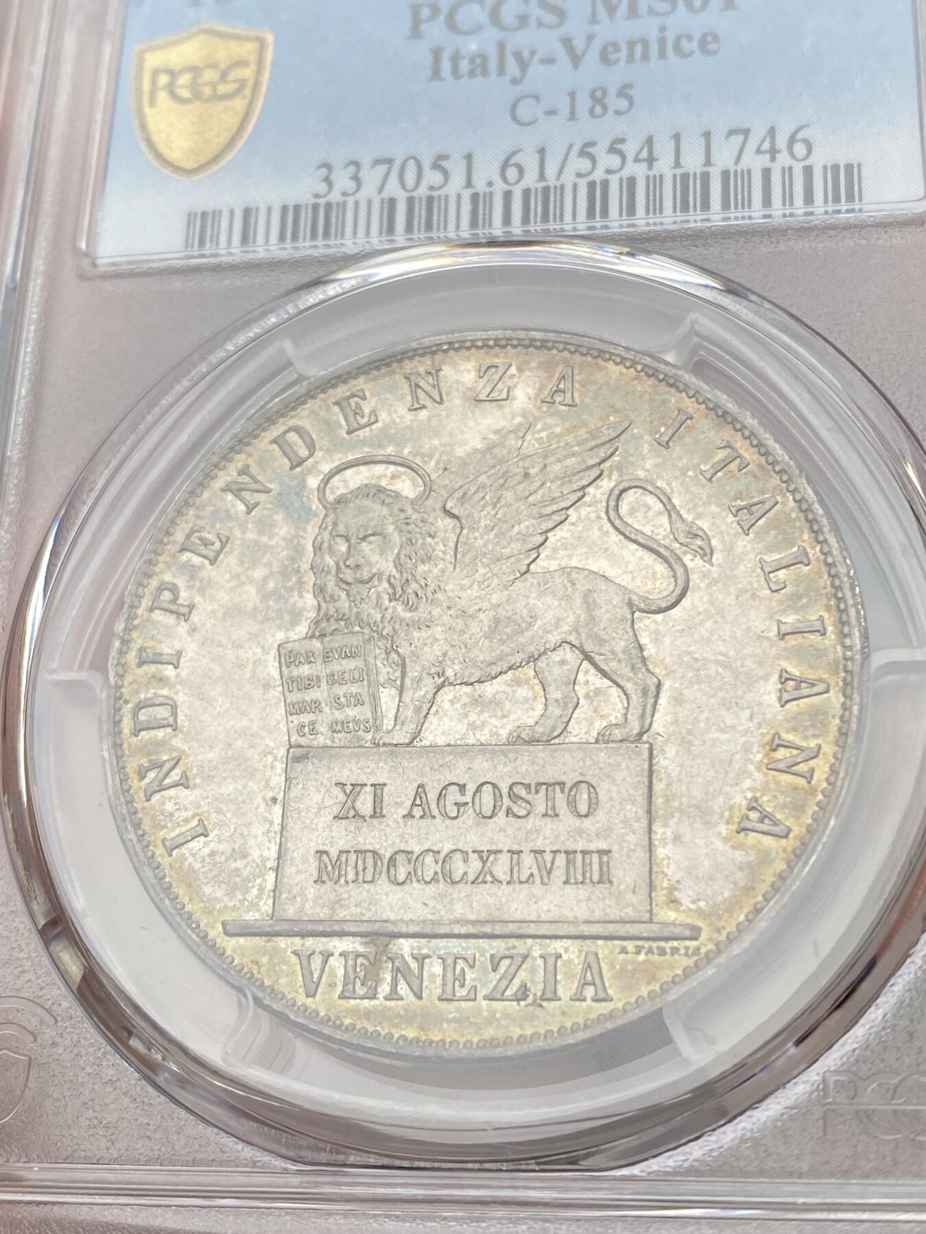 万国钱币拍卖第045期（万国春季大拍） PCGS MS61 1848年意大利威尼斯临时革命政府飞翔的雄狮5里拉大银币 单年发行6011枚 比另一种有圈版更为少见 狮子站在石碑上的设计也更显威武 双面老五彩 足以入藏的品质