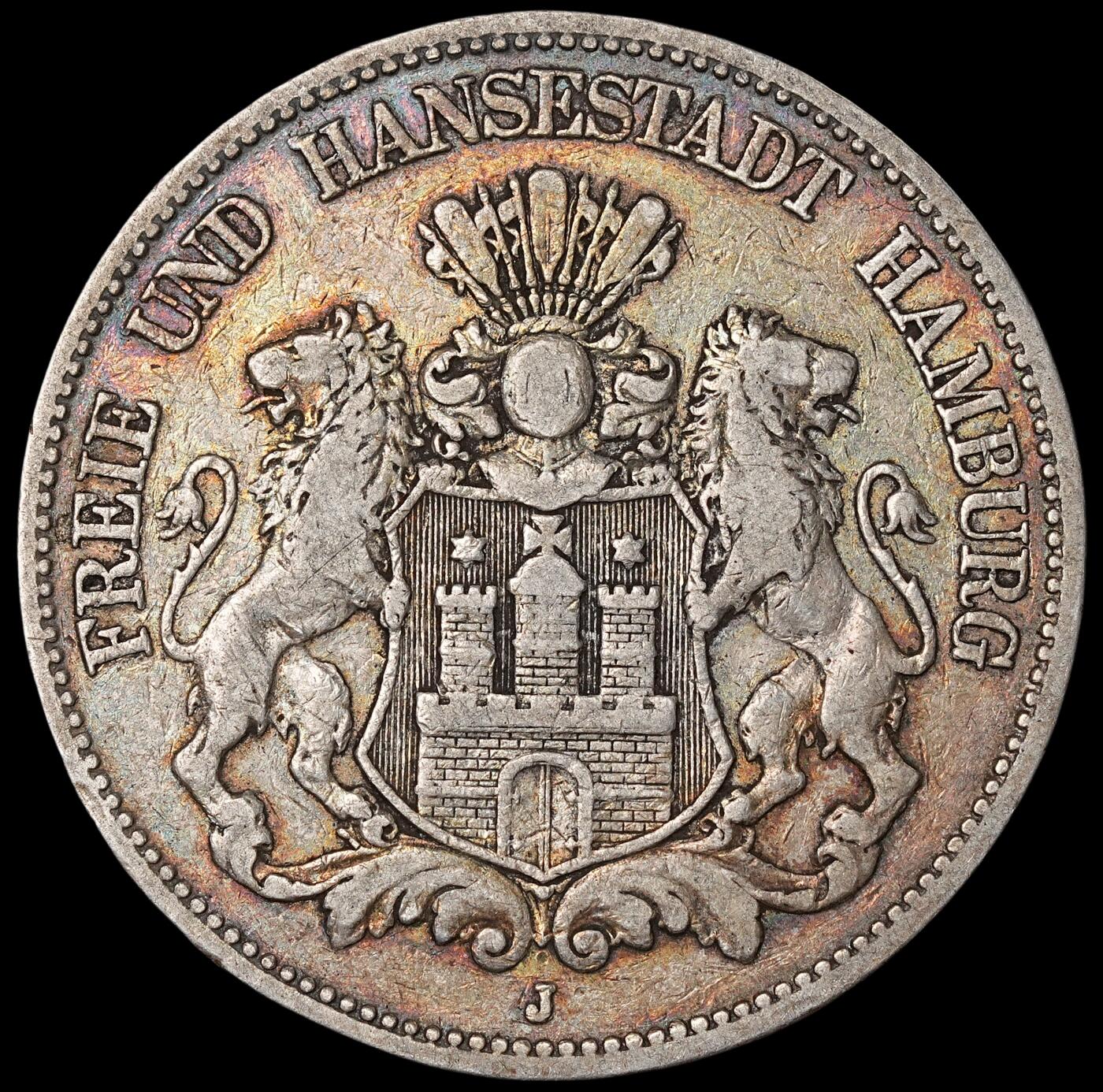 修遠堂世界钱币第六十五期 1876年汉堡5马克大银币 少见早期年份 五彩