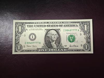 美国纸币 靓号狮子号 2001年 稀少I区 1美元 首发A冠 数三 尾7777  全新UNC  - 美国纸币 靓号狮子号 2001年 稀少I区 1美元 首发A冠 数三 尾7777  全新UNC 