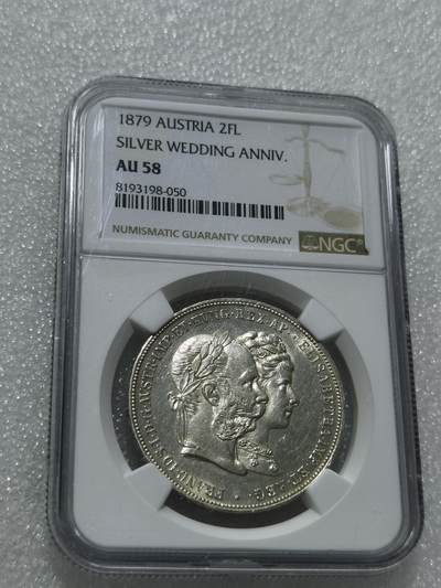 天下钱庄专场欢迎参拍 - NGC AU58 1879年奥地利茜茜公主银婚2福林银币