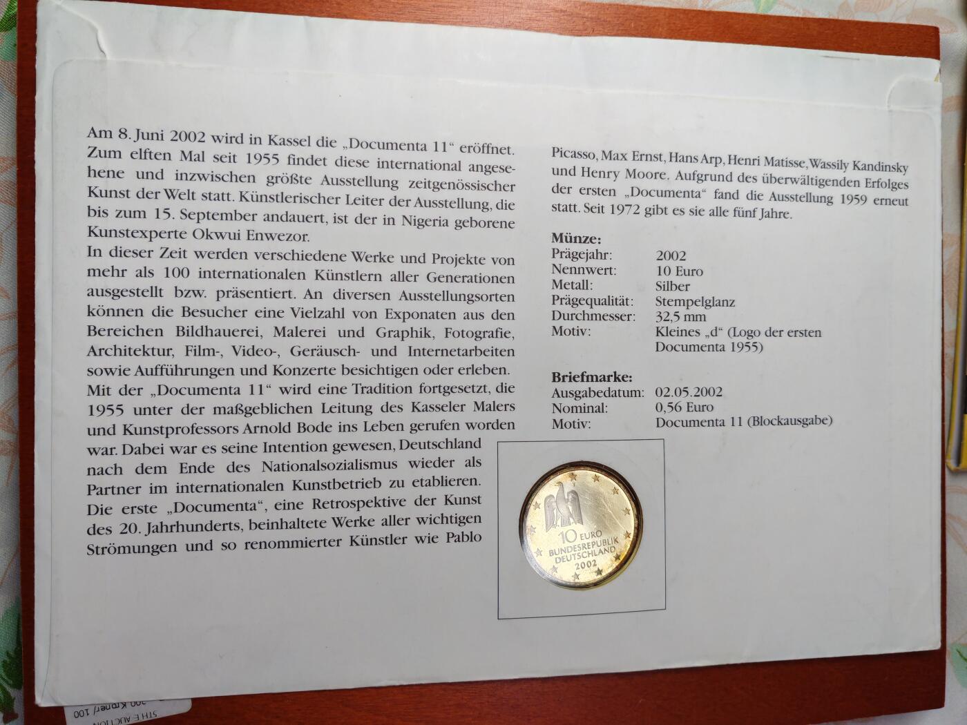 长老汇蛇年精选第九场拍卖 2002德国第十一届卡塞尔艺术文献展邮币封首日封，含10欧元同名银币1枚