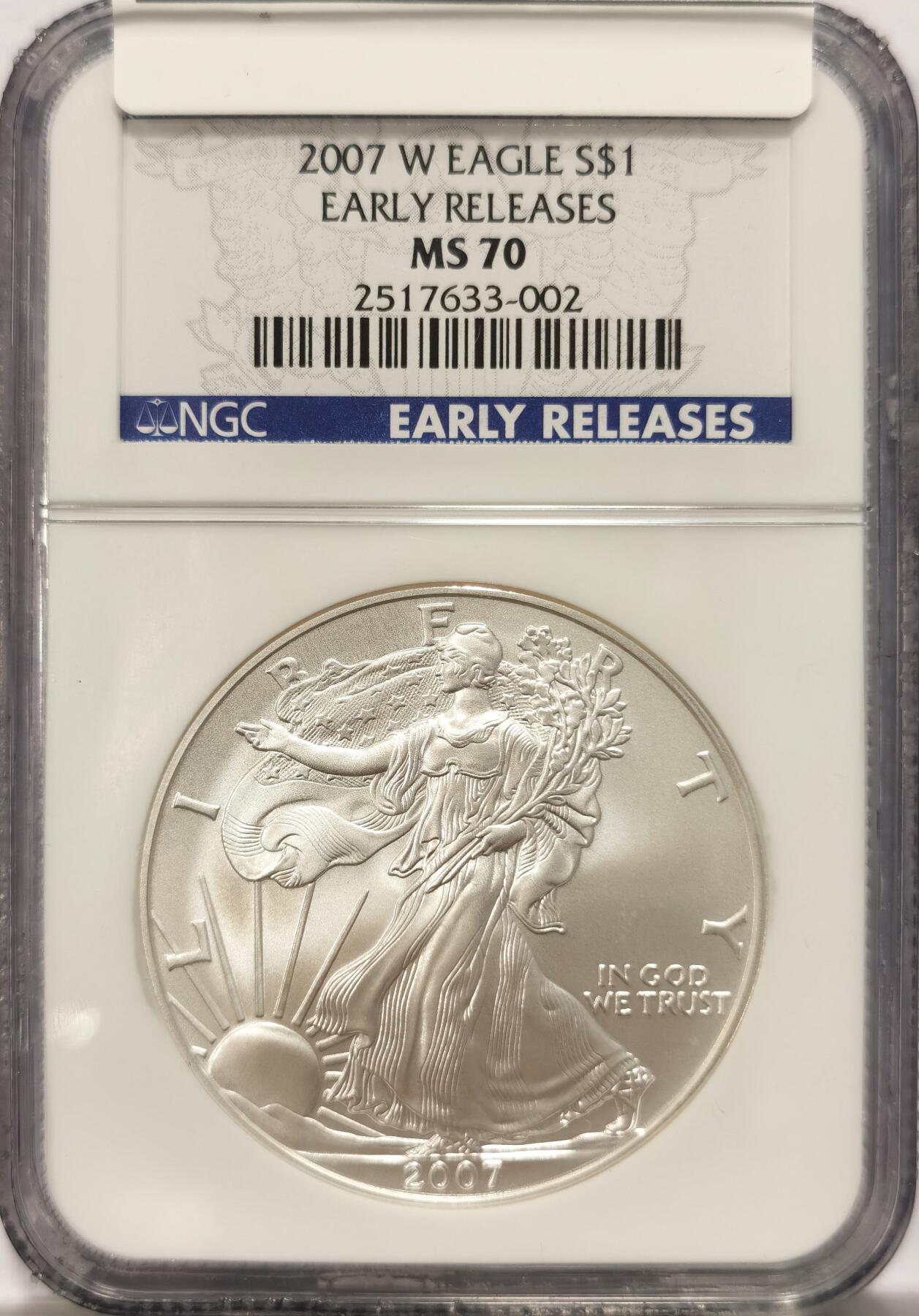 博洋堂美国及美洲钱币专场拍卖暨第119期（全场包邮） NGC MS70 美国2007年W版行走女神1美元鹰洋银币，早期发行标签