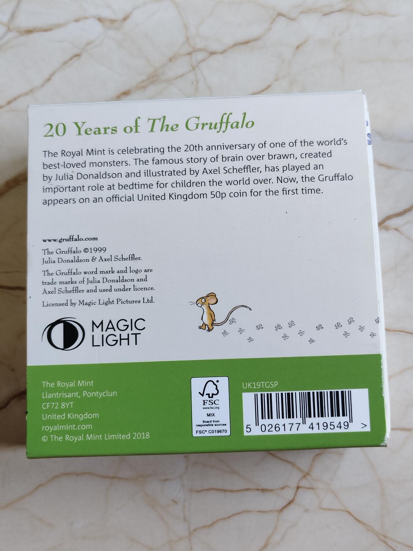 第168期拍卖【长期征集拍品】 英国2019年童话动物系列咕噜牛50便士纪念彩银币NGC-PF69原盒证书，925银，8克，发行量30000枚