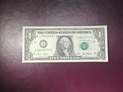 美国纸币 靓号豹子号 2001年 稀少I区 1美元 首发A冠 无4尾777 全新UNC  - 美国纸币 靓号豹子号 2001年 稀少I区 1美元 首发A冠 无4尾777 全新UNC 