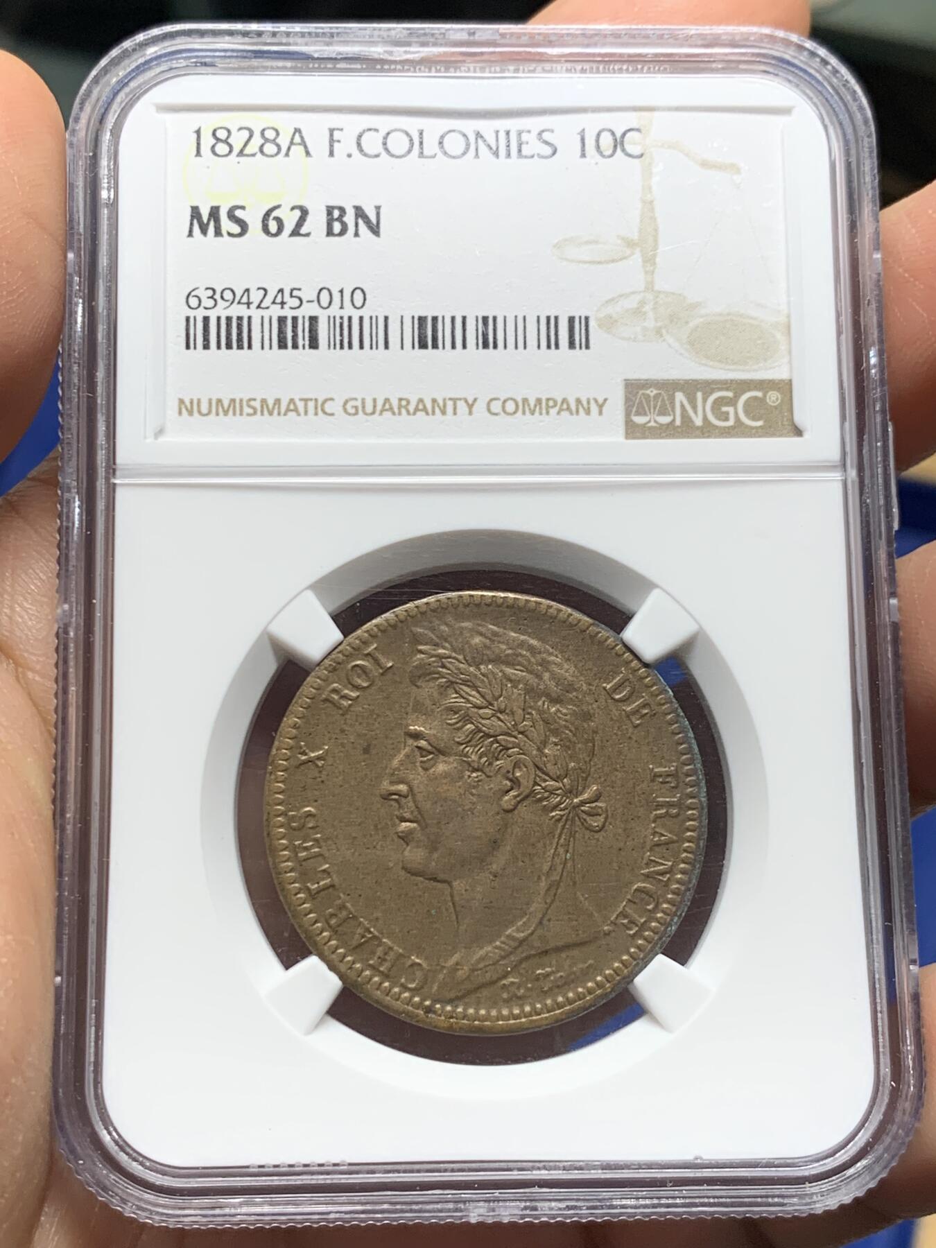 《竞宝斋》第371场 周日，周一 2场连拍 （全场包邮） NGC MS62BN 法国殖民地1828A查理十世10分铜币，更高分仅有5枚。此币仅流通于法属西印度群岛。