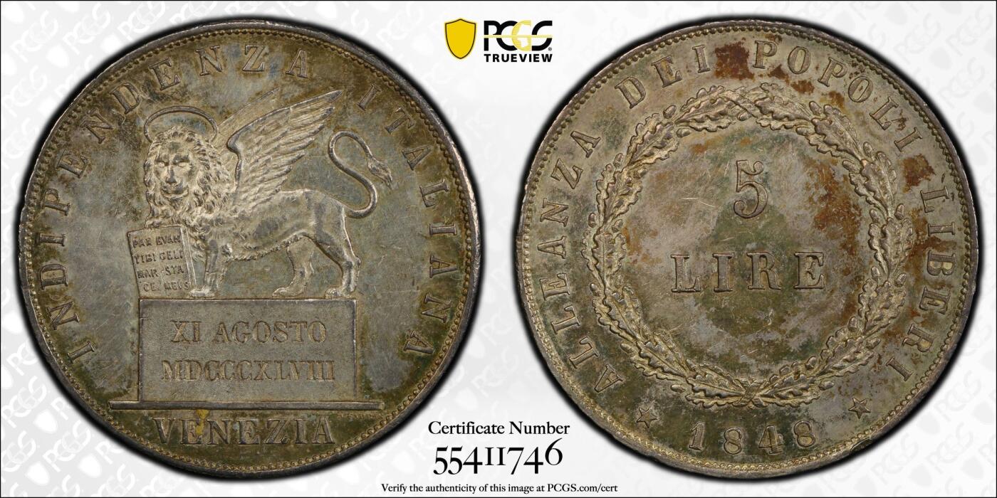 万国钱币拍卖第045期（万国春季大拍） PCGS MS61 1848年意大利威尼斯临时革命政府飞翔的雄狮5里拉大银币 单年发行6011枚 比另一种有圈版更为少见 狮子站在石碑上的设计也更显威武 双面老五彩 足以入藏的品质