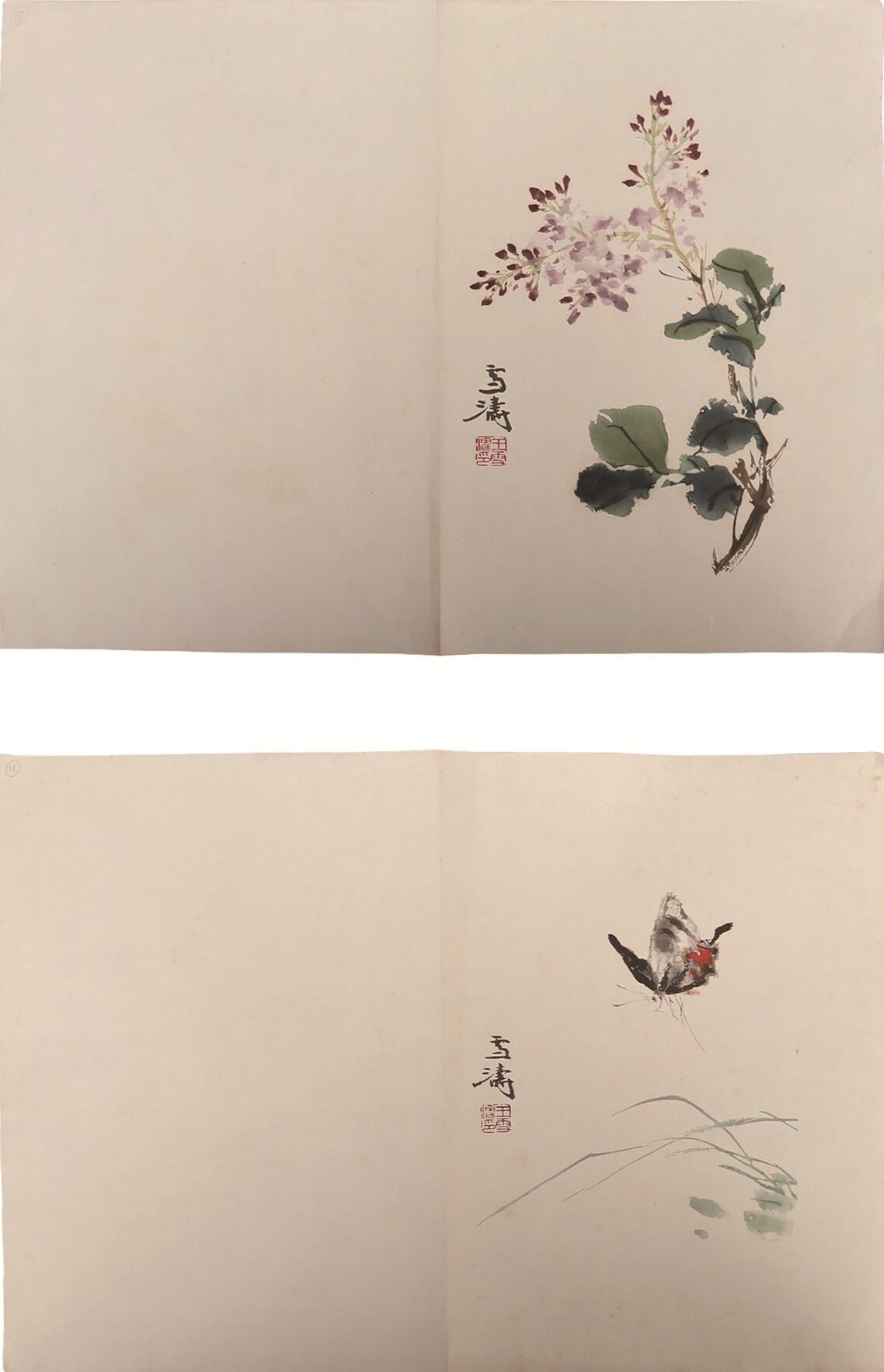 承乾2025迎春文物艺术品拍卖会 蝴蝶、花卉图（木板水印） 王雪涛 44.5*33cm*2 设色纸本镜心