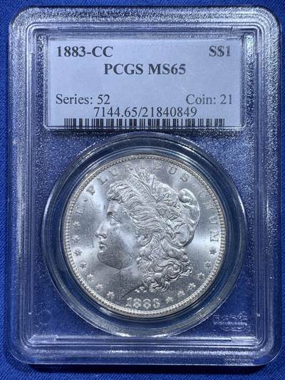 《竞宝斋》第371场 周日，周一 2场连拍 （全场包邮） - PCGS MS65 美国 1883-CC 摩根 卡森 1美元银币 十字转光 高分难得 背面支撑脚小磕