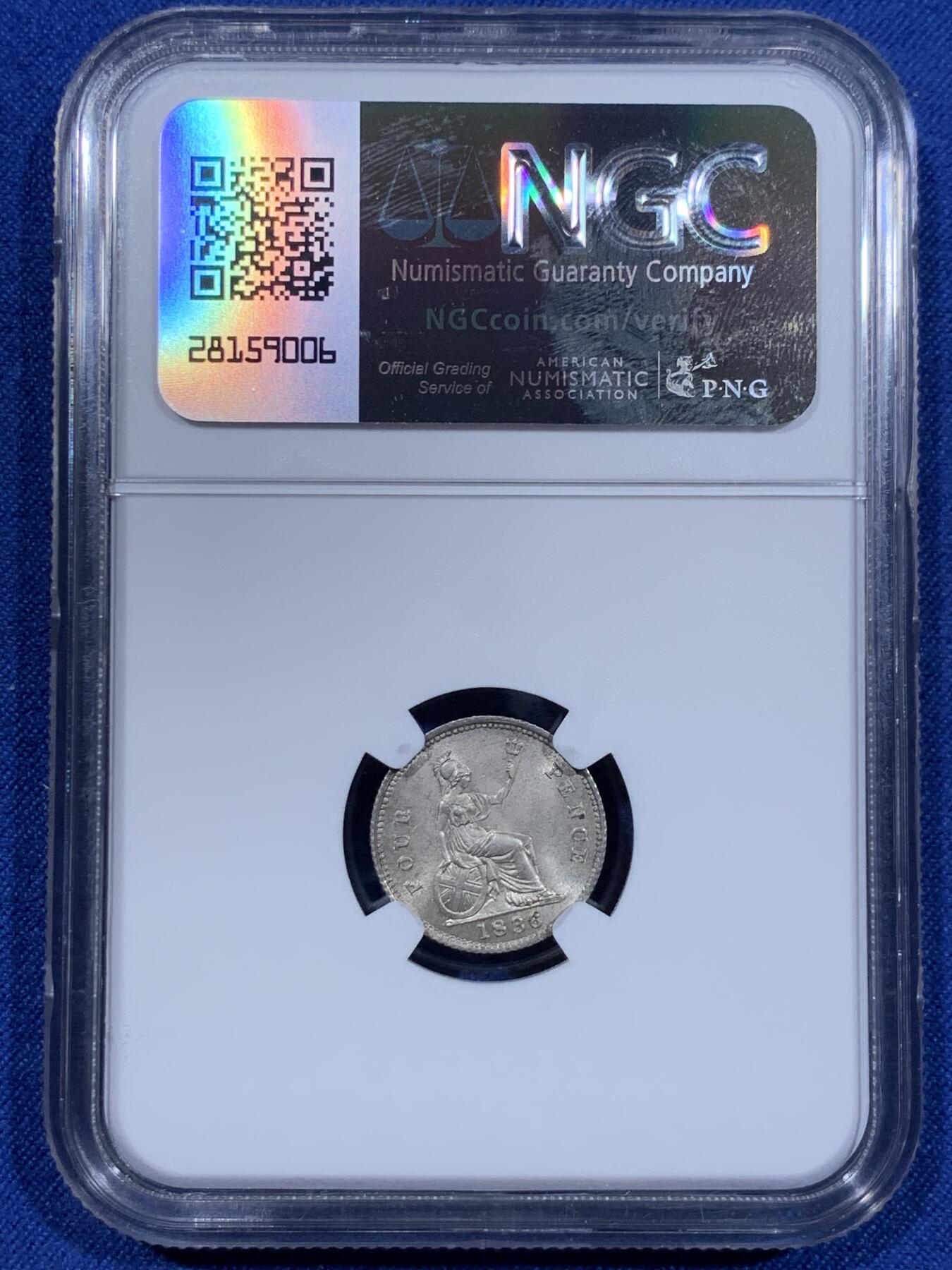 《竞宝斋》第371场 周日，周一 2场连拍 （全场包邮） NGC MS64 英国1836年4便士银币，底板干净漂亮，早期年份！