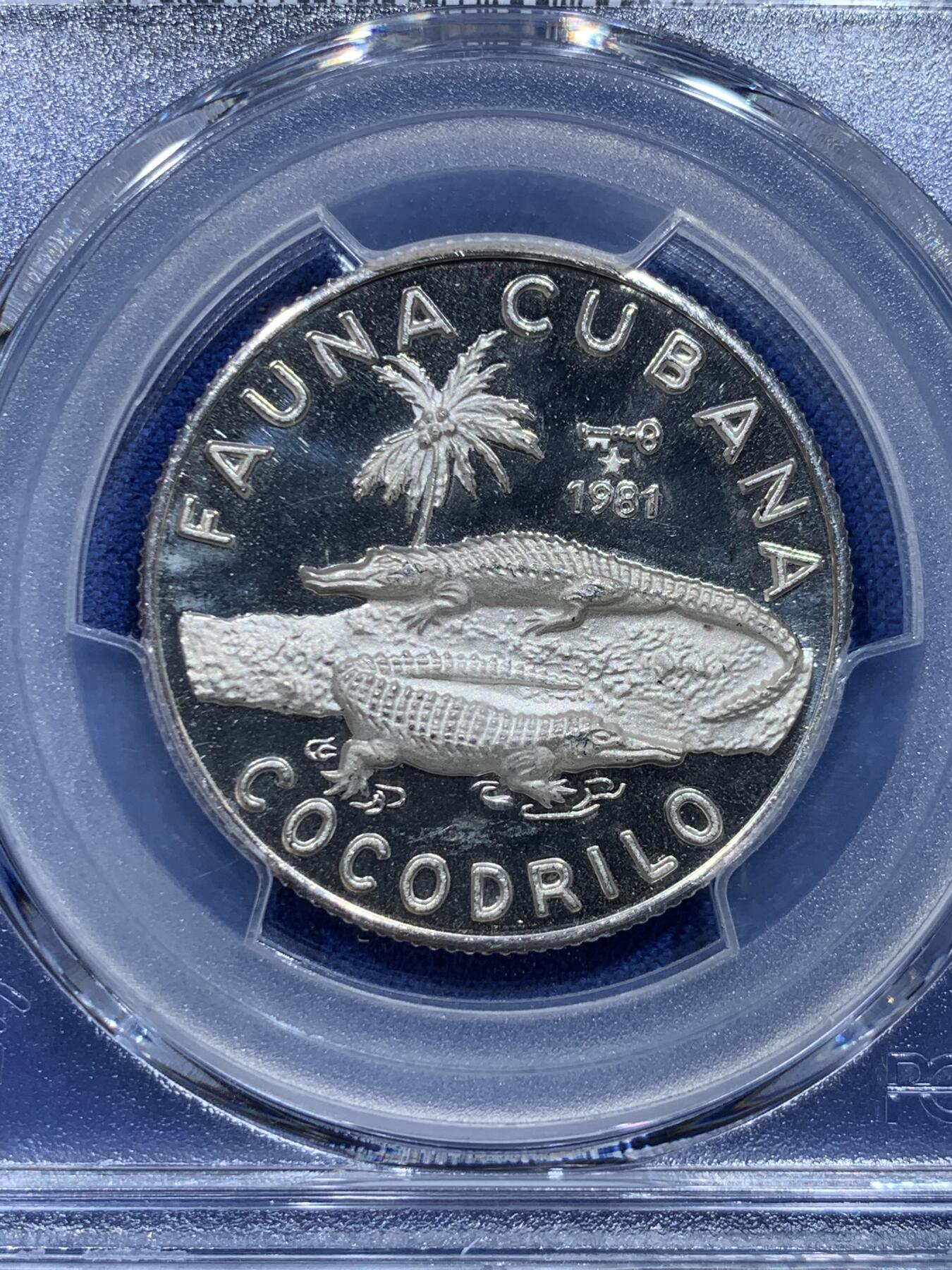 《竞宝斋》第371场 周日，周一 2场连拍 （全场包邮） PCGS PR67DCAM 1981古巴5比索银币 热门野生动物系列 鳄鱼 得到DCAM评价品相很不错