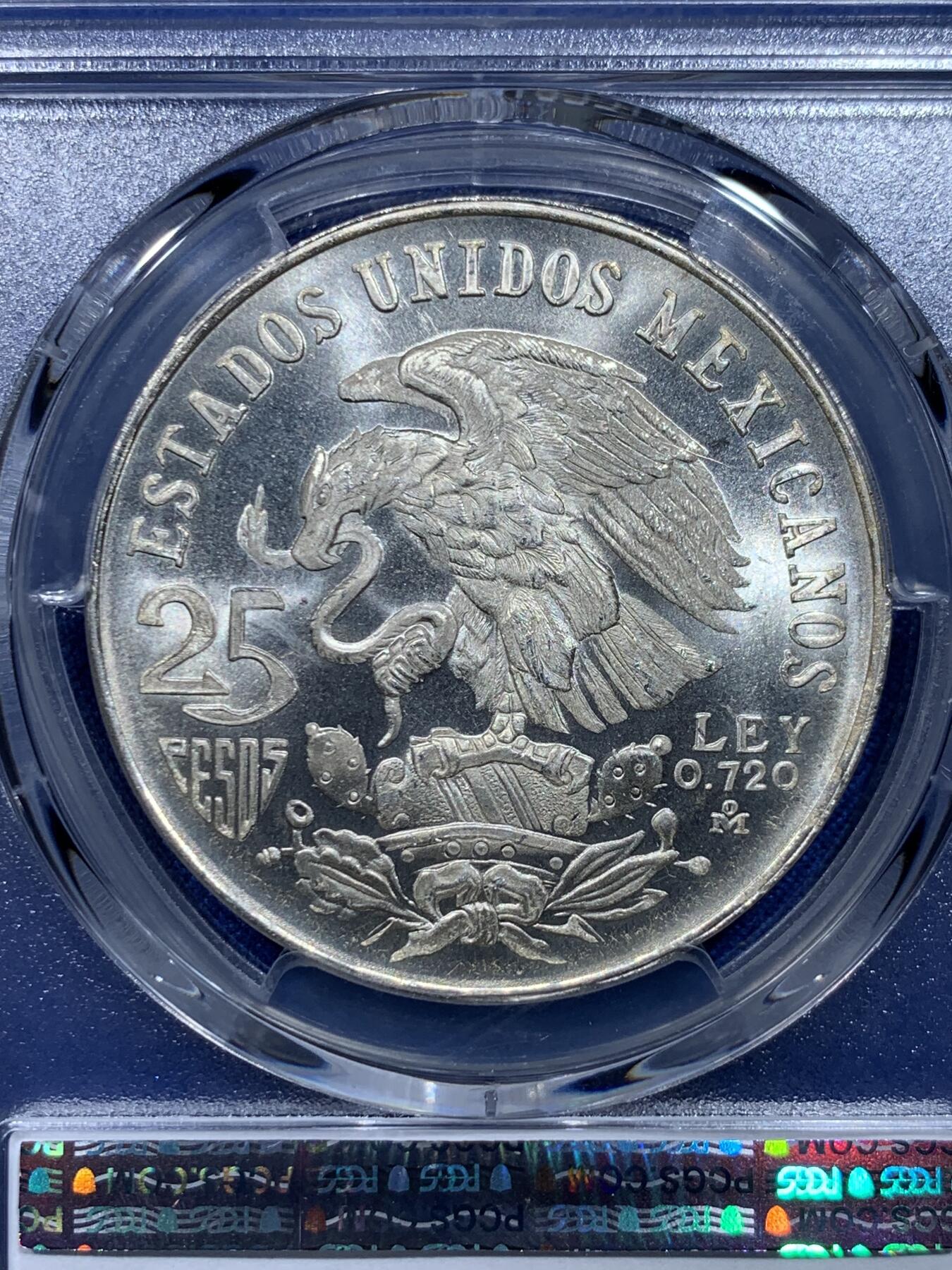 《竞宝斋》第371场 周日，周一 2场连拍 （全场包邮） PCGS MS67 墨西哥1968年鹰洋25比索纪念银币，阿兹台克战士！