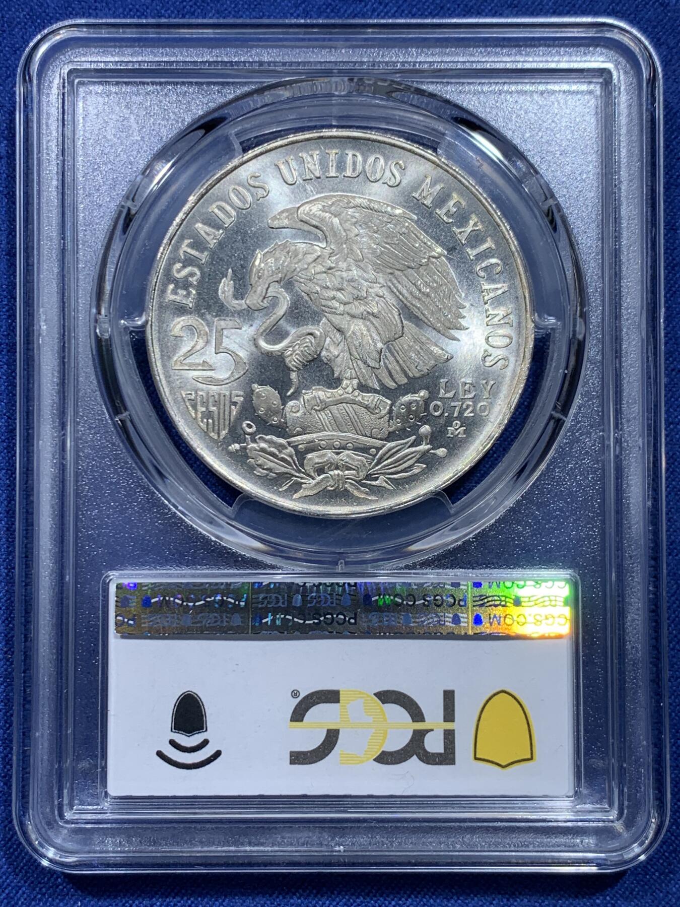 《竞宝斋》第371场 周日，周一 2场连拍 （全场包邮） PCGS MS67 墨西哥1968年鹰洋25比索纪念银币，阿兹台克战士！