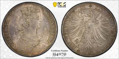 万国钱币拍卖第045期（万国春季大拍） - PCGS MS64 1858年德国法兰克福少女教堂流通1泰勒 法兰克福大名誉品种 铸造量仅仅1.2W枚且流通充分 少女与塔楼相得益彰 原味淡五彩 PC封面广告币 品种与品相兼得的顶级藏品 可遇不可求