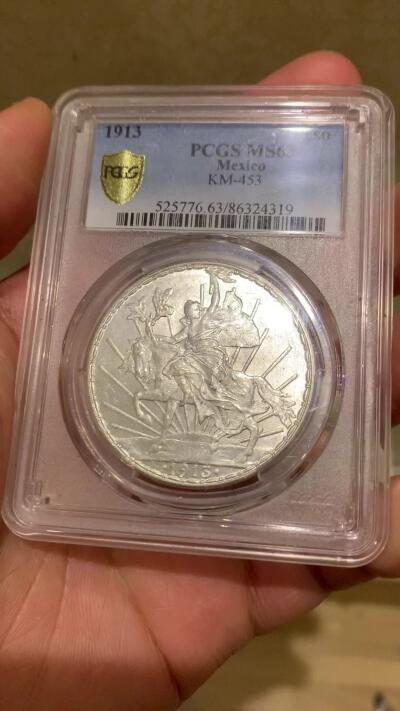 《竞宝斋》第372场 周日，周一 2场连拍 （全场包邮） PCGS MS63 墨西哥 1913年 骑马鹰洋 1比索银币