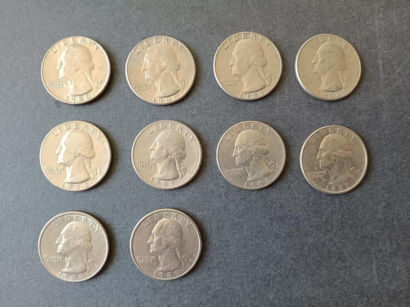 0押0拍0邮    美国硬币四分之一美元（25美分）QUARTER DOLLAR专场，1968-2013，全部自然流通好品 25美分硬币20世纪80年代D版 10枚