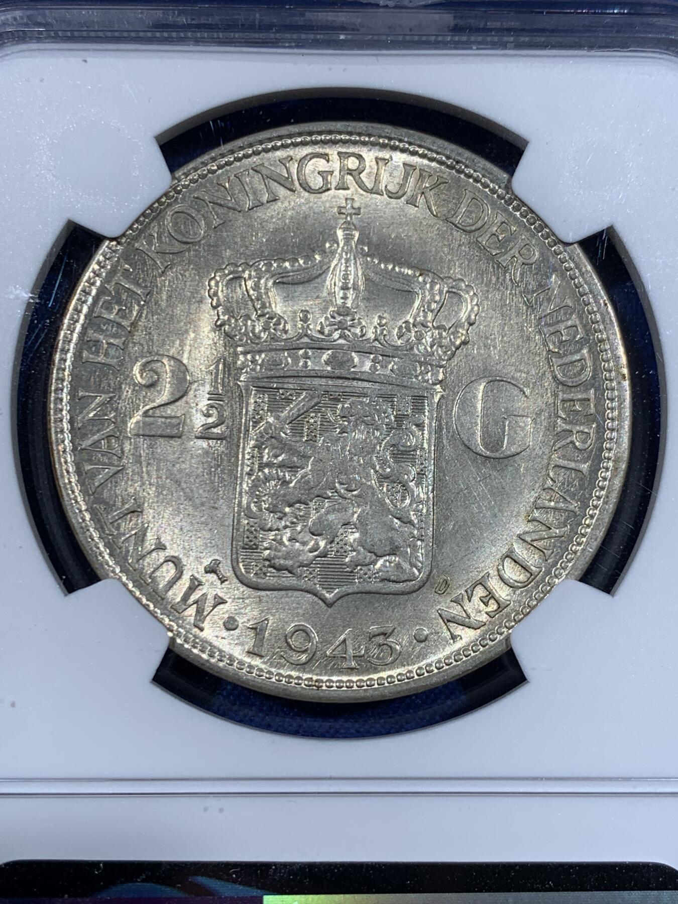 《竞宝斋》第372场 周日，周一 2场连拍 （全场包邮） NGC MS62 荷属东印度 1943年威廉明娜女王2.5盾大银币