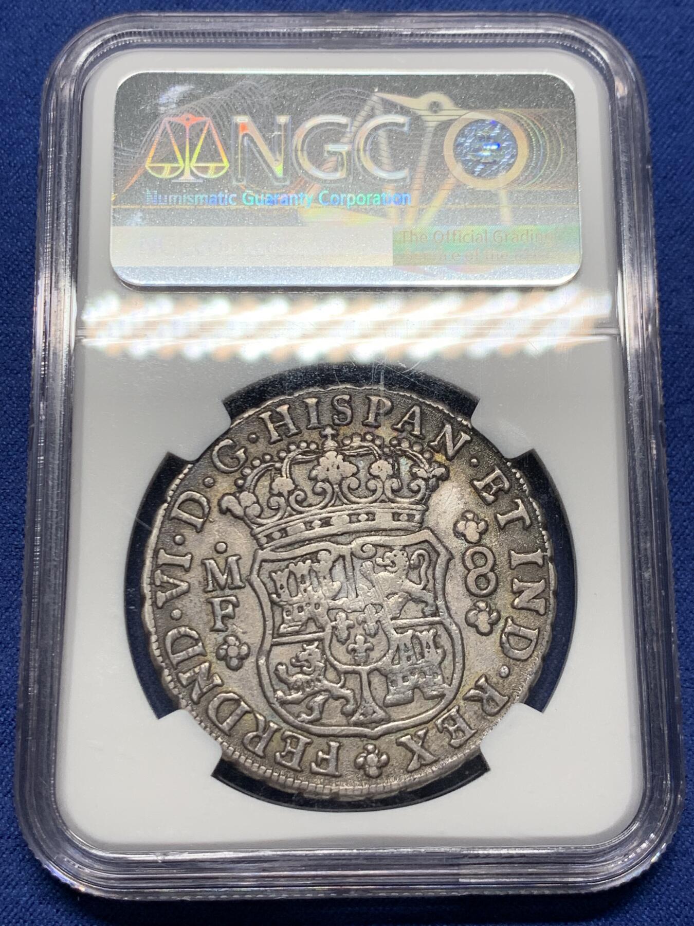 《竞宝斋》第372场 周日，周一 2场连拍 （全场包邮） NGC XF40 墨西哥1747年费迪南六世地球双柱8里亚尔银币 双面细节清晰，比很多高分币状态还好