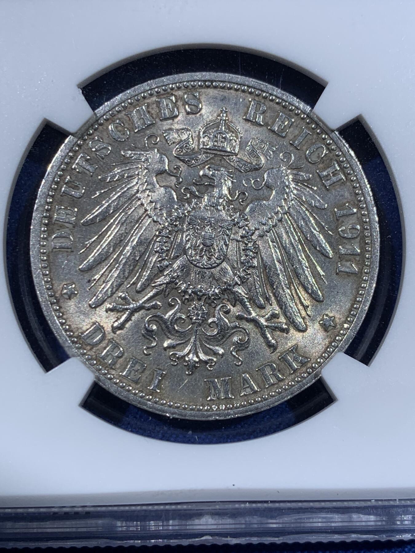 《竞宝斋》第372场 周日，周一 2场连拍 （全场包邮） NGC MS61 德国1911年符腾堡银婚3马克银币