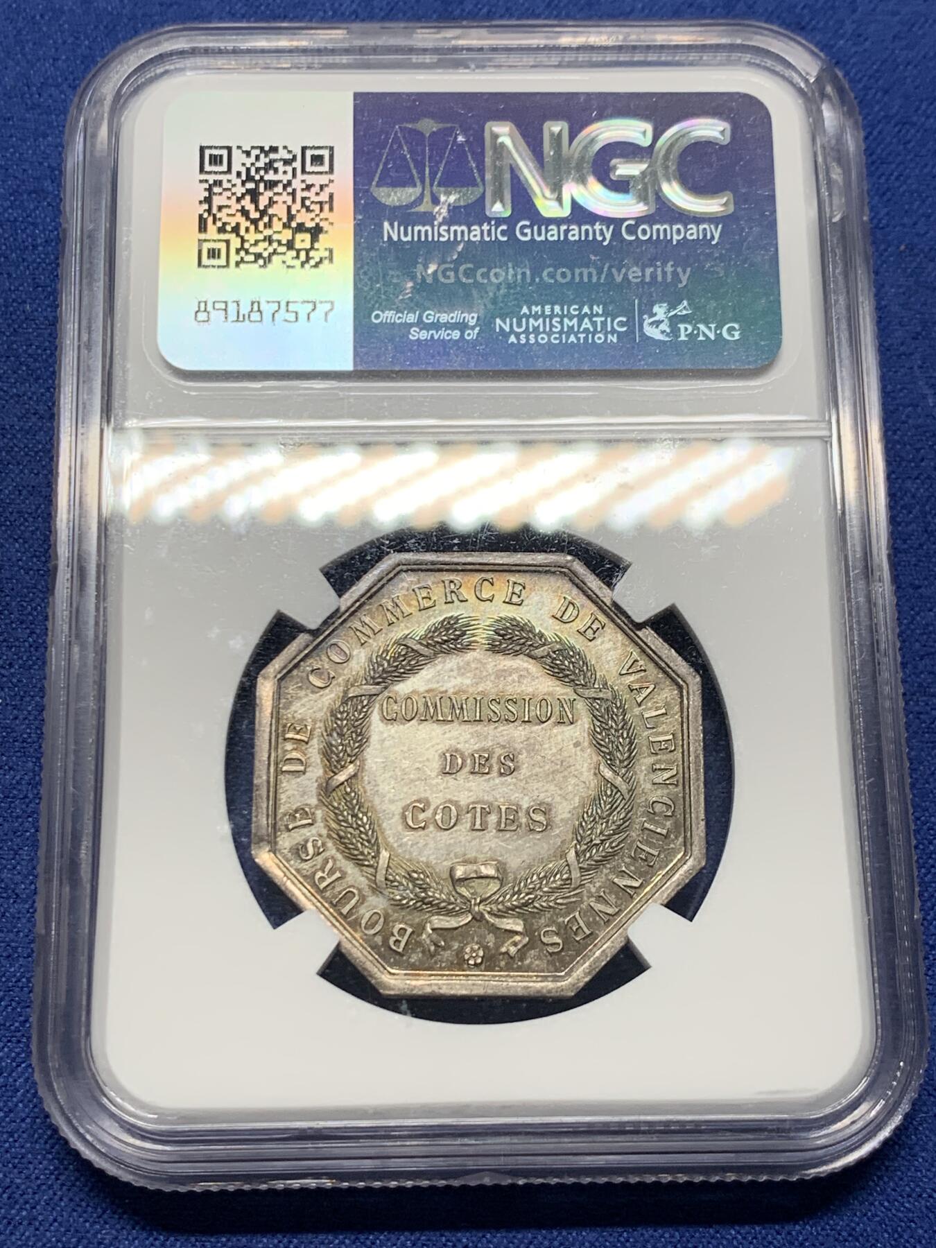 《竞宝斋》第372场 周日，周一 2场连拍 （全场包邮） NGC MS64 法国瓦朗谢纳商业联盟纪念银质八角代币 33mm 丰饶角边铭