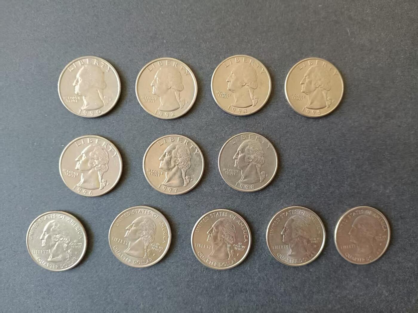 0押0拍0邮    美国硬币四分之一美元（25美分）QUARTER DOLLAR专场，1968-2013，全部自然流通好品 25美分硬币20世纪90年代P版 12枚