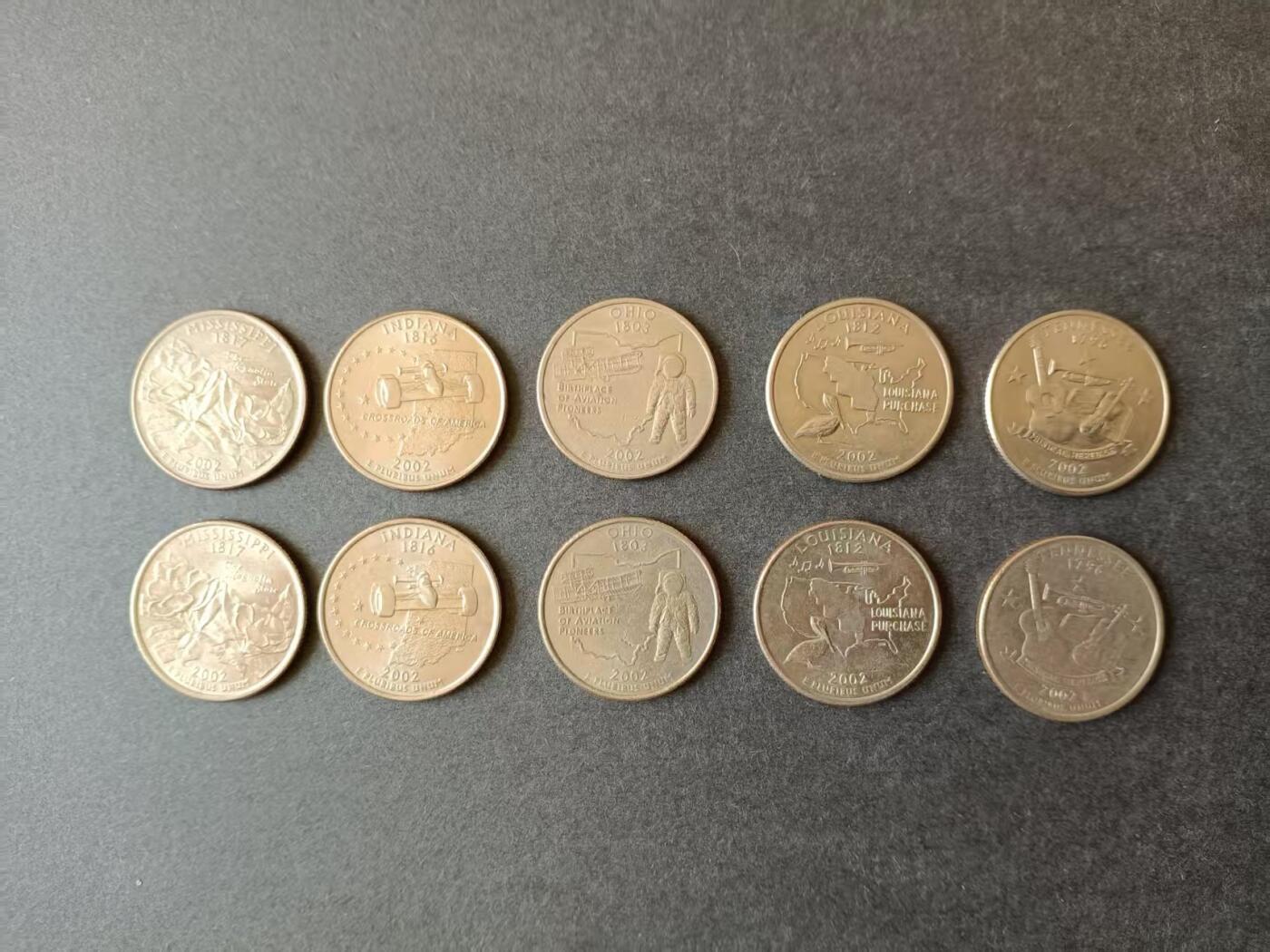 0押0拍0邮    美国硬币四分之一美元（25美分）QUARTER DOLLAR专场，1968-2013，全部自然流通好品 25美分硬币2002年D、P版10枚