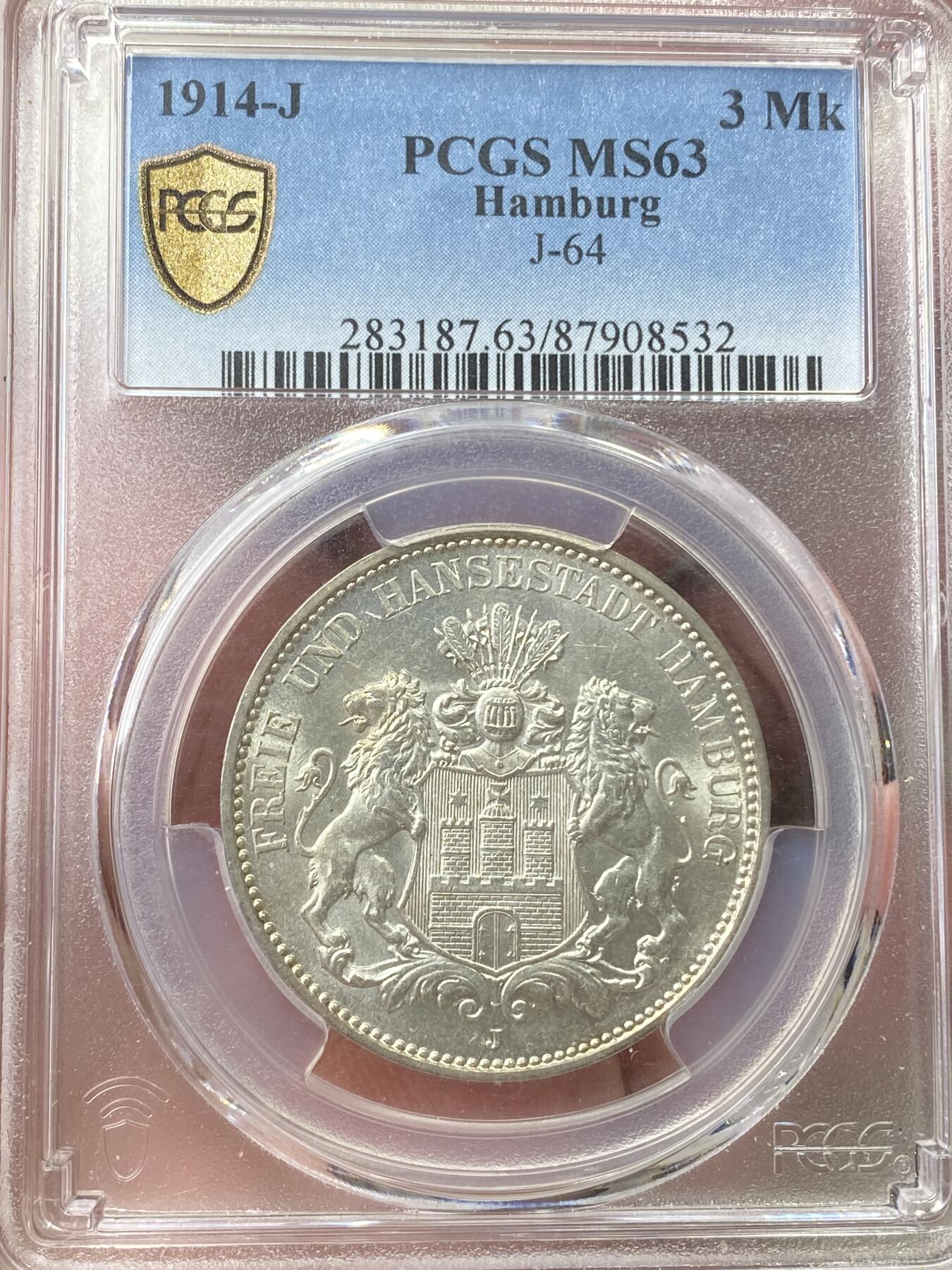 万国钱币拍卖第045期（万国春季大拍） PCGS MS63 1914年德国汉堡双狮护盾长翅流通3马克 十字转光