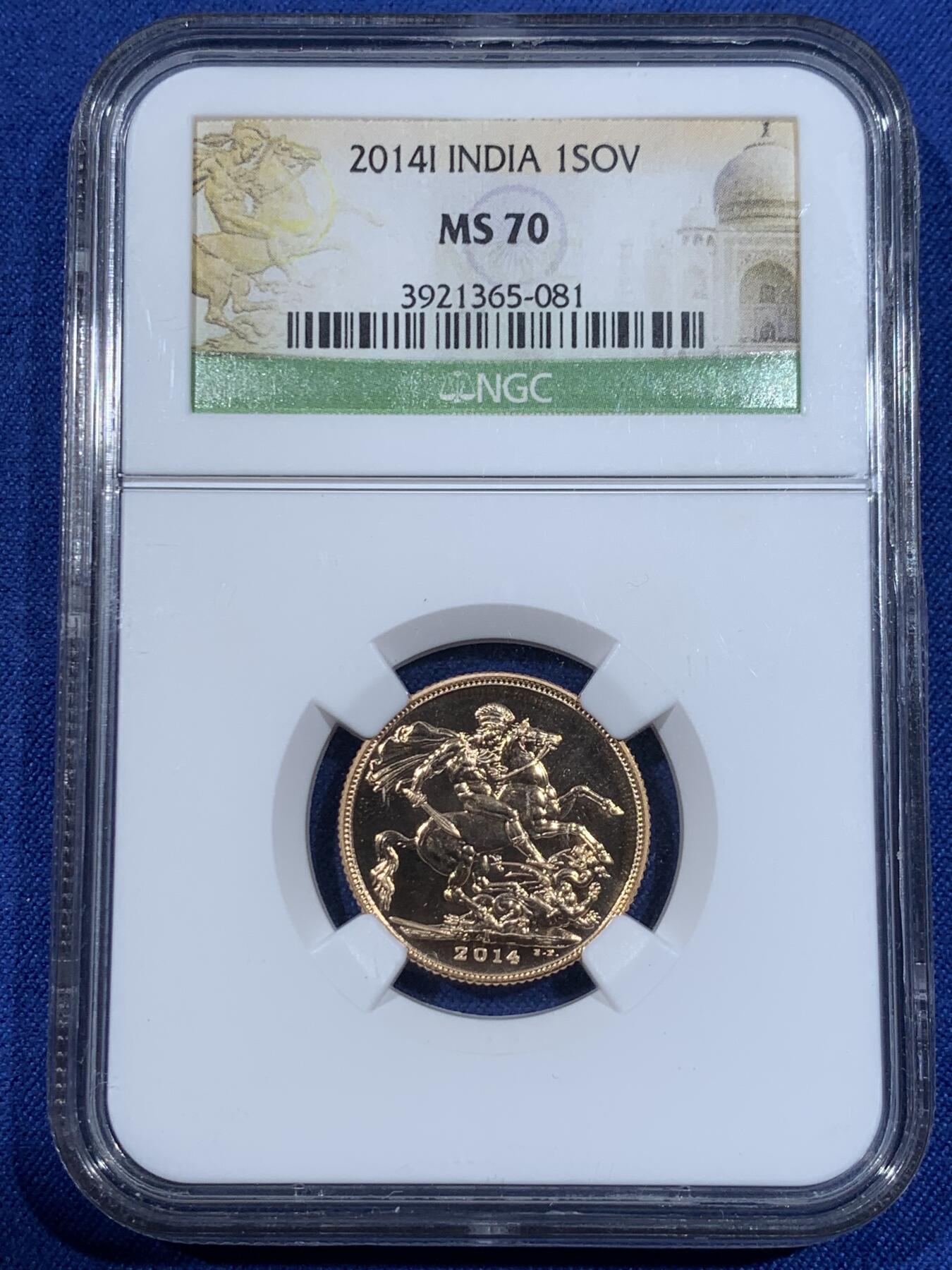 《竞宝斋》第372场 周日，周一 2场连拍 （全场包邮） NGC MS70 英国2014年伊丽莎白索维林金币 稀见印度版  约8克金  含金量91.7％，冠军分 完美状态