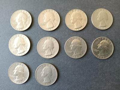 0押0拍0邮    美国硬币四分之一美元（25美分）QUARTER DOLLAR专场，1968-2013，全部自然流通好品 - 25美分硬币20世纪80年代P版 10枚