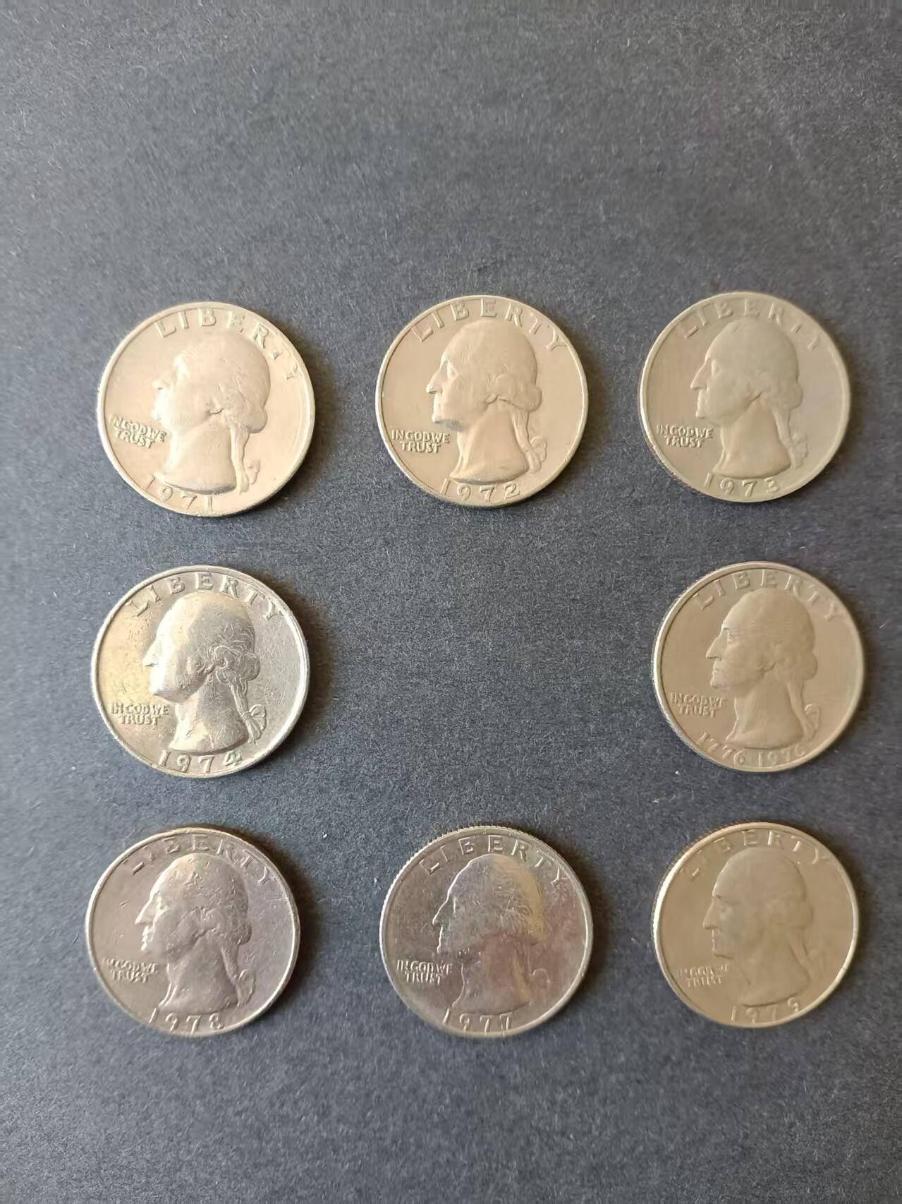 0押0拍0邮    美国硬币四分之一美元（25美分）QUARTER DOLLAR专场，1968-2013，全部自然流通好品 25美分硬币20世纪70年代无版 8枚