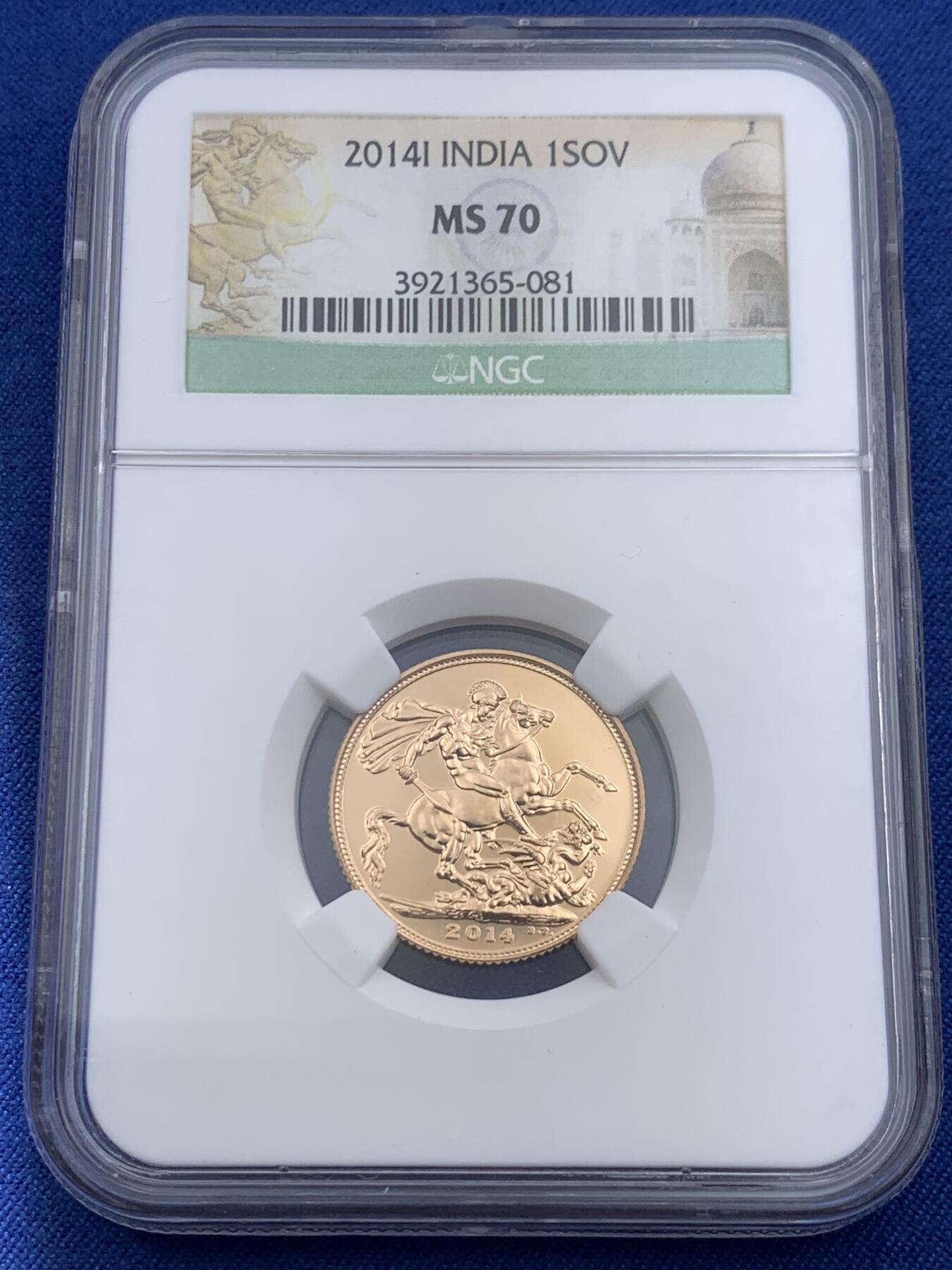《竞宝斋》第372场 周日，周一 2场连拍 （全场包邮） NGC MS70 英国2014年伊丽莎白索维林金币 稀见印度版  约8克金  含金量91.7％，冠军分 完美状态