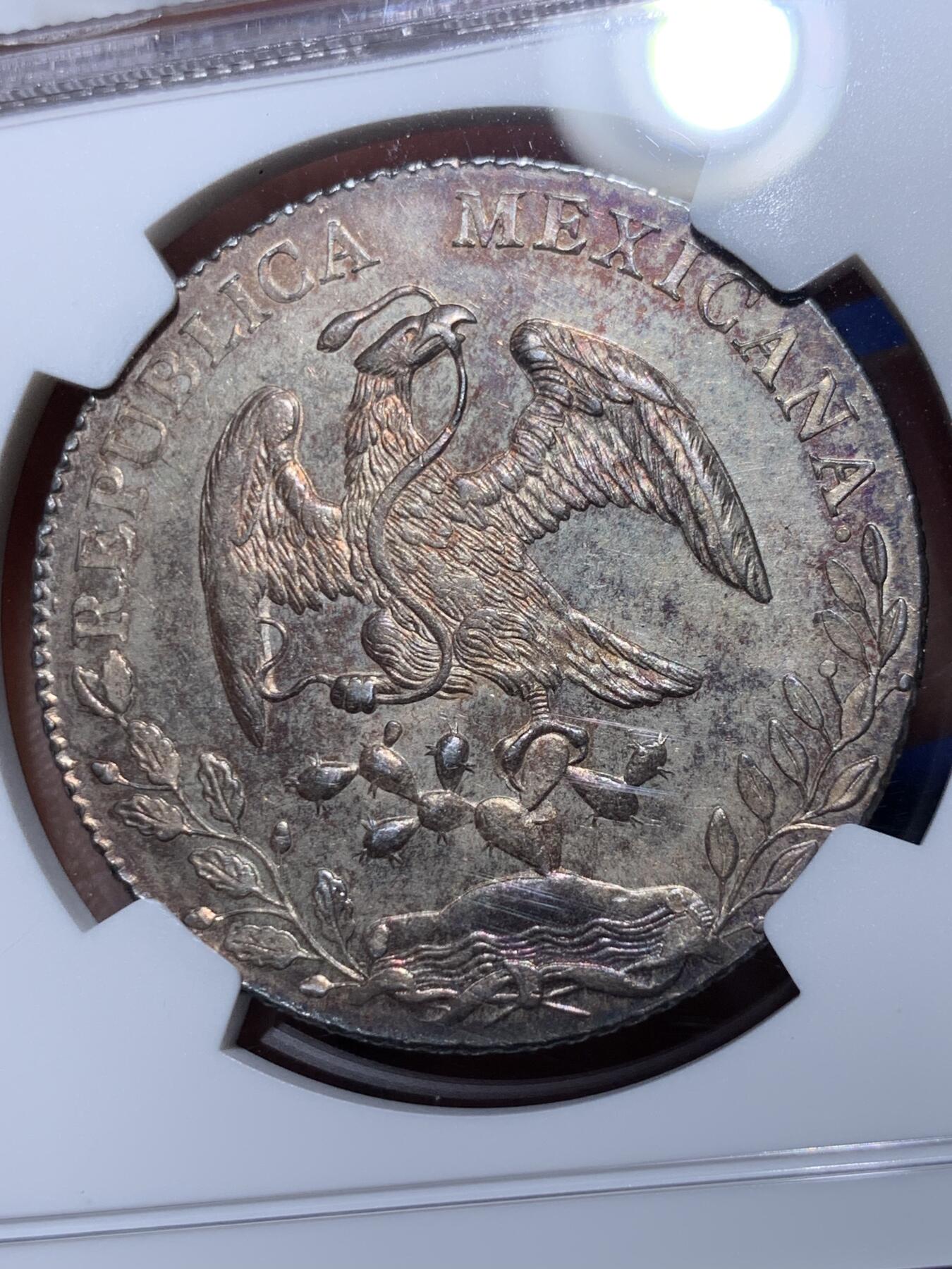 《竞宝斋》第372场 周日，周一 2场连拍 （全场包邮） NGC MS63 墨西哥 1887年 8瑞尔 花边鹰洋 银币 底板PL感很好 搭配上紫色包浆 相得益彰