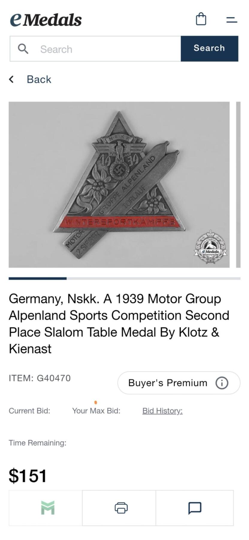 盛世勋华——号角文化勋章邮票专场拍卖第291期 德国（1939）NS运输团（NSKK）阿尔卑斯大队1939年竞赛第三名名纪念章 极为少见 同类第二名纪念章eMedals成交价见图3