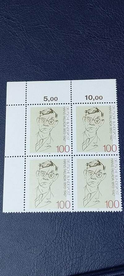 德国邮票专场，都是四方联人物题材 - 德国邮票四方联一张，1993年发行，作家  法拉达  诞辰百年  。品相如图