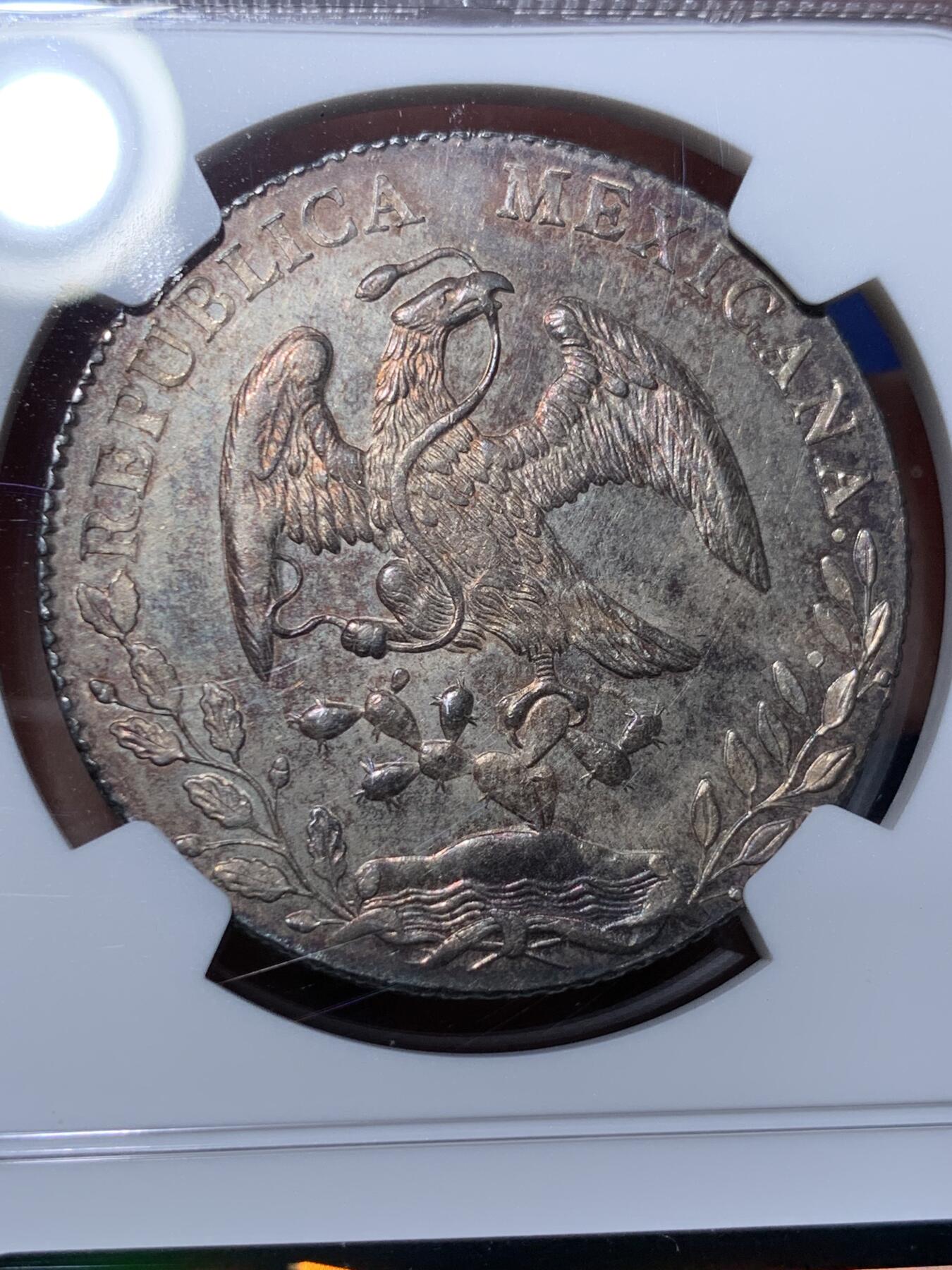 《竞宝斋》第372场 周日，周一 2场连拍 （全场包邮） NGC MS63 墨西哥 1887年 8瑞尔 花边鹰洋 银币 底板PL感很好 搭配上紫色包浆 相得益彰