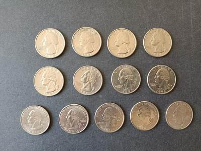 0押0拍0邮    美国硬币四分之一美元（25美分）QUARTER DOLLAR专场，1968-2013，全部自然流通好品 - 25美分硬币20世纪90年代D版 13枚