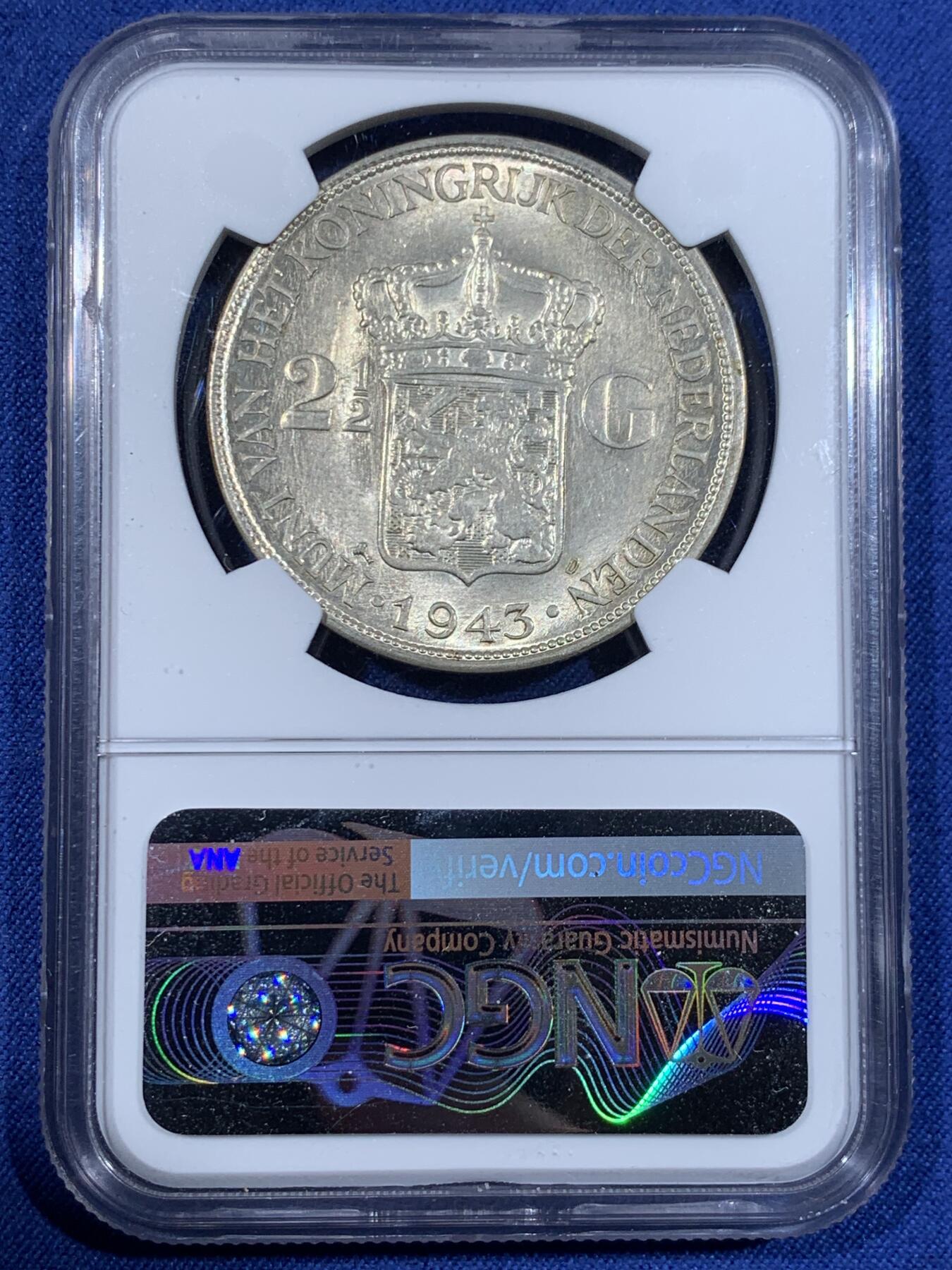 《竞宝斋》第372场 周日，周一 2场连拍 （全场包邮） NGC MS62 荷属东印度 1943年威廉明娜女王2.5盾大银币