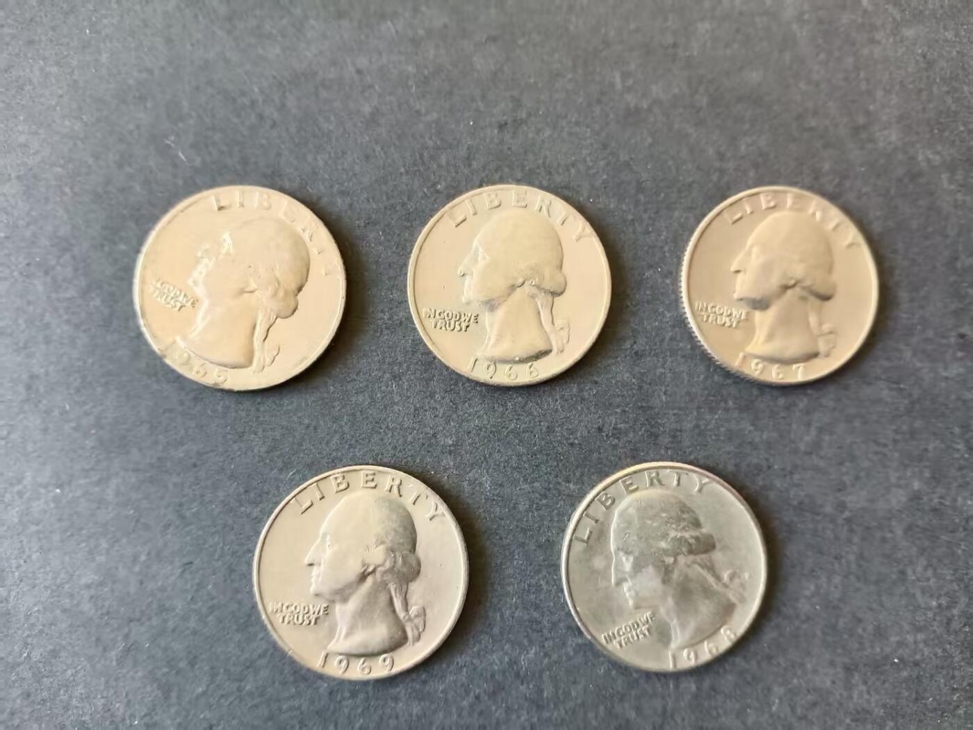 0押0拍0邮    美国硬币四分之一美元（25美分）QUARTER DOLLAR专场，1968-2013，全部自然流通好品 25美分硬币20世纪60年代 5枚