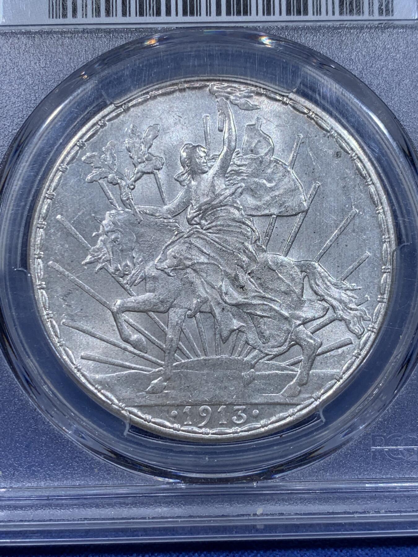 《竞宝斋》第372场 周日，周一 2场连拍 （全场包邮） PCGS MS63 墨西哥 1913年 骑马鹰洋 1比索银币