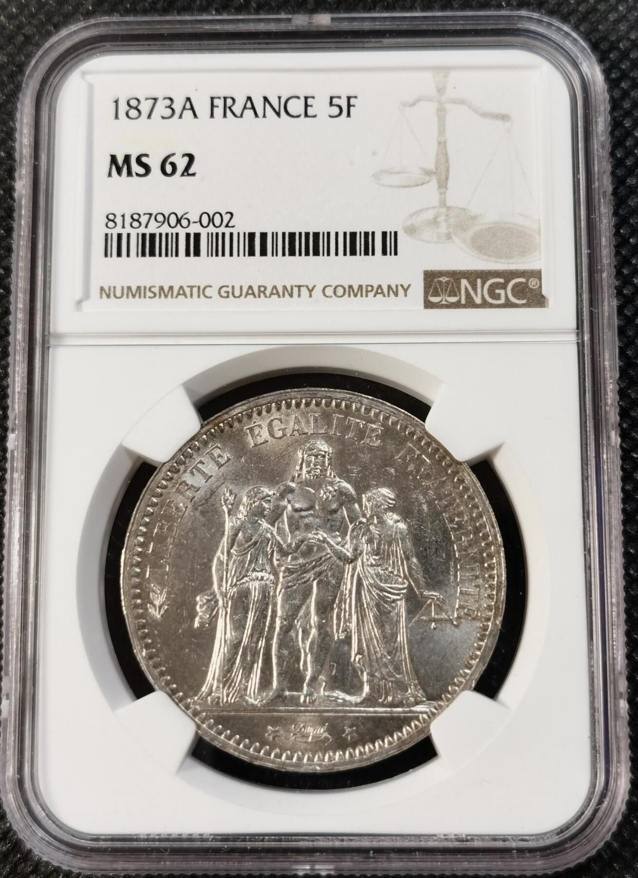  甄臻铺-世界币章拍卖（第13期）送拍享返佣金等优惠多多 NGC-MS62 1873年法国大力神5法郎银币 大白币 品相在同分偏上 氧化痕迹较，正面PL质感