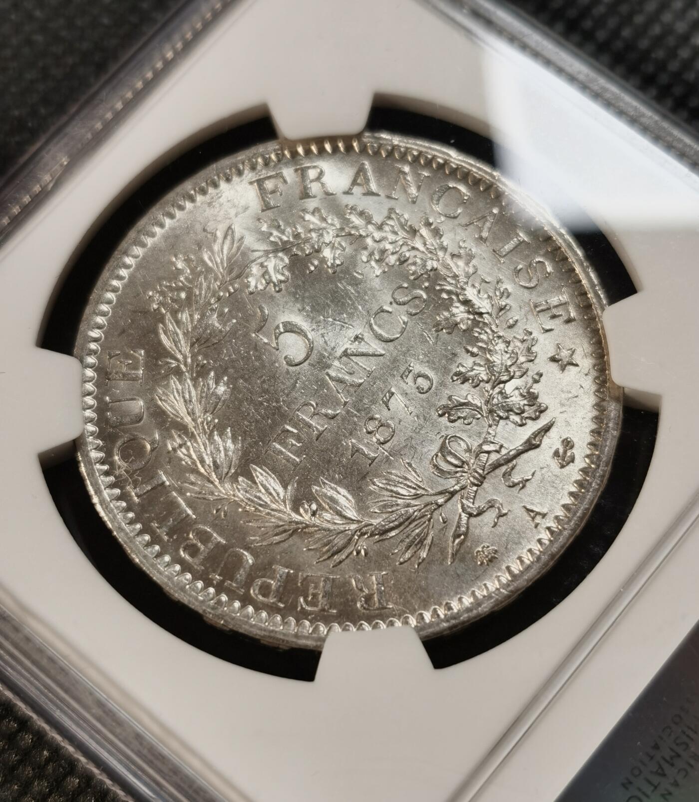  甄臻铺-世界币章拍卖（第13期）送拍享返佣金等优惠多多 NGC-MS62 1873年法国大力神5法郎银币 大白币 品相在同分偏上 氧化痕迹较，正面PL质感