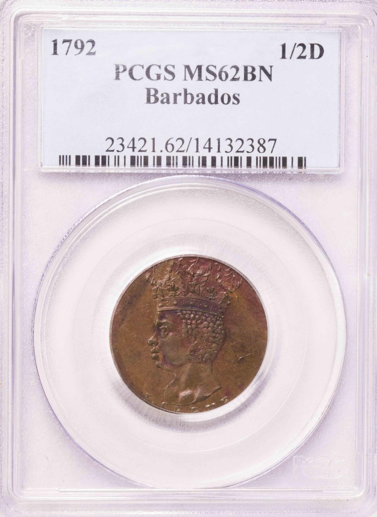 PCGS-MS62BN 1792巴巴多斯海神半便士原铸铜币 亚军