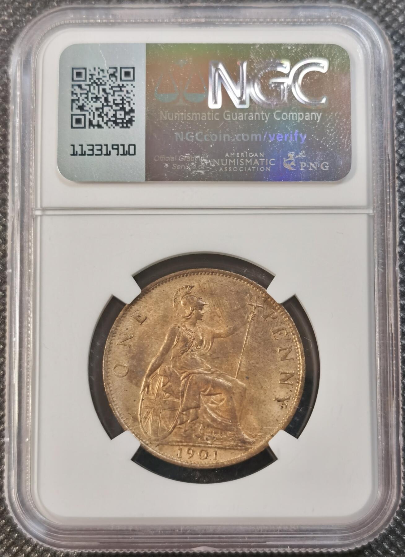  甄臻铺-世界币章拍卖（第13期）送拍享返佣金等优惠多多 NGC-MS63 RB  英国1901年维多利亚女王1便士大铜币 铜光很好 底板转光强