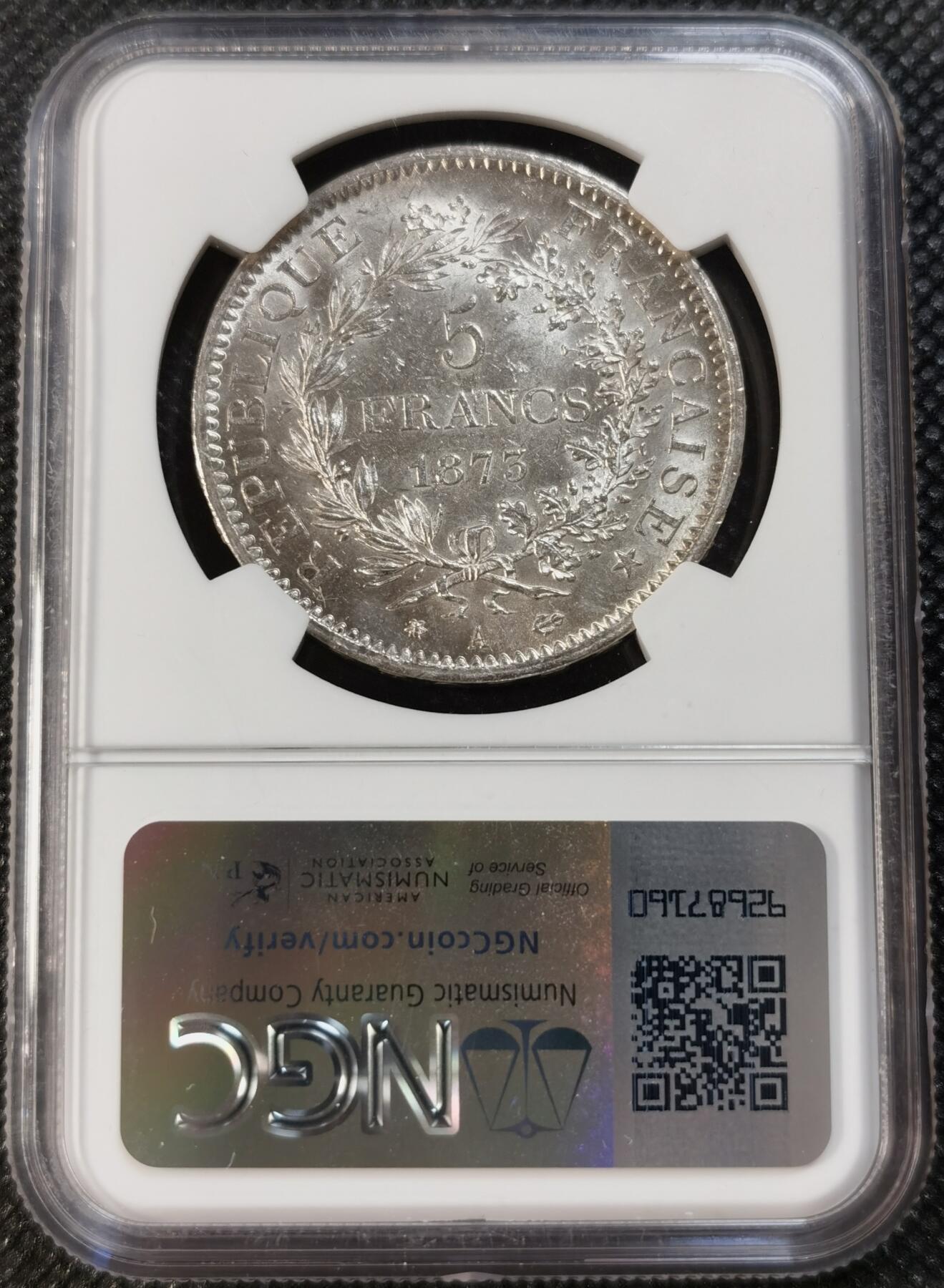  甄臻铺-世界币章拍卖（第13期）送拍享返佣金等优惠多多 NGC-MS62 1873年法国大力神5法郎银币 大白币 品相在同分偏上 氧化痕迹较，正面PL质感