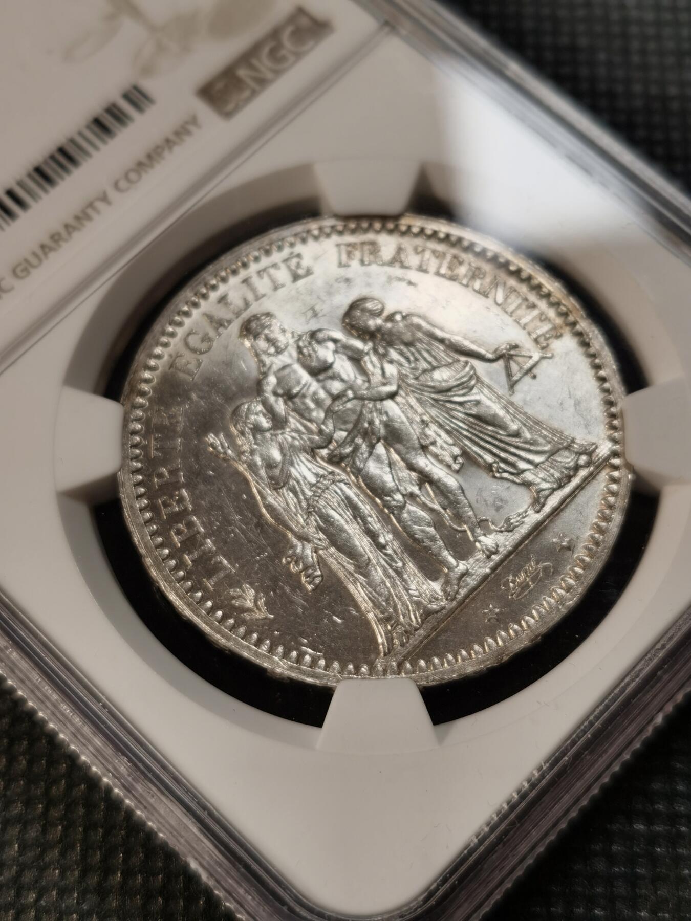  甄臻铺-世界币章拍卖（第13期）送拍享返佣金等优惠多多 NGC-MS62 1873年法国大力神5法郎银币 大白币 品相在同分偏上 氧化痕迹较，正面PL质感