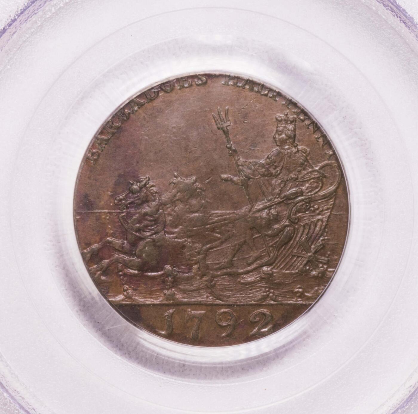 PCGS-MS62BN 1792巴巴多斯海神半便士原铸铜币 亚军
