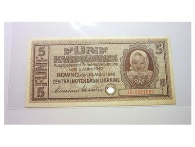 德国第三帝国占乌克兰1942年5卡博瓦内斯（等同5马克） 爽品 - 德国第三帝国占乌克兰1942年5卡博瓦内斯（等同5马克） 爽品